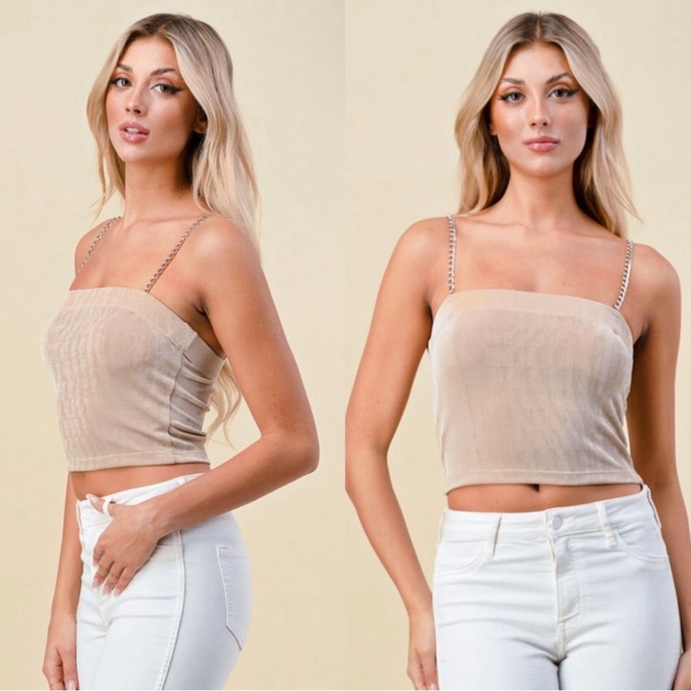 Crop cami chain strap satin top in light taupe